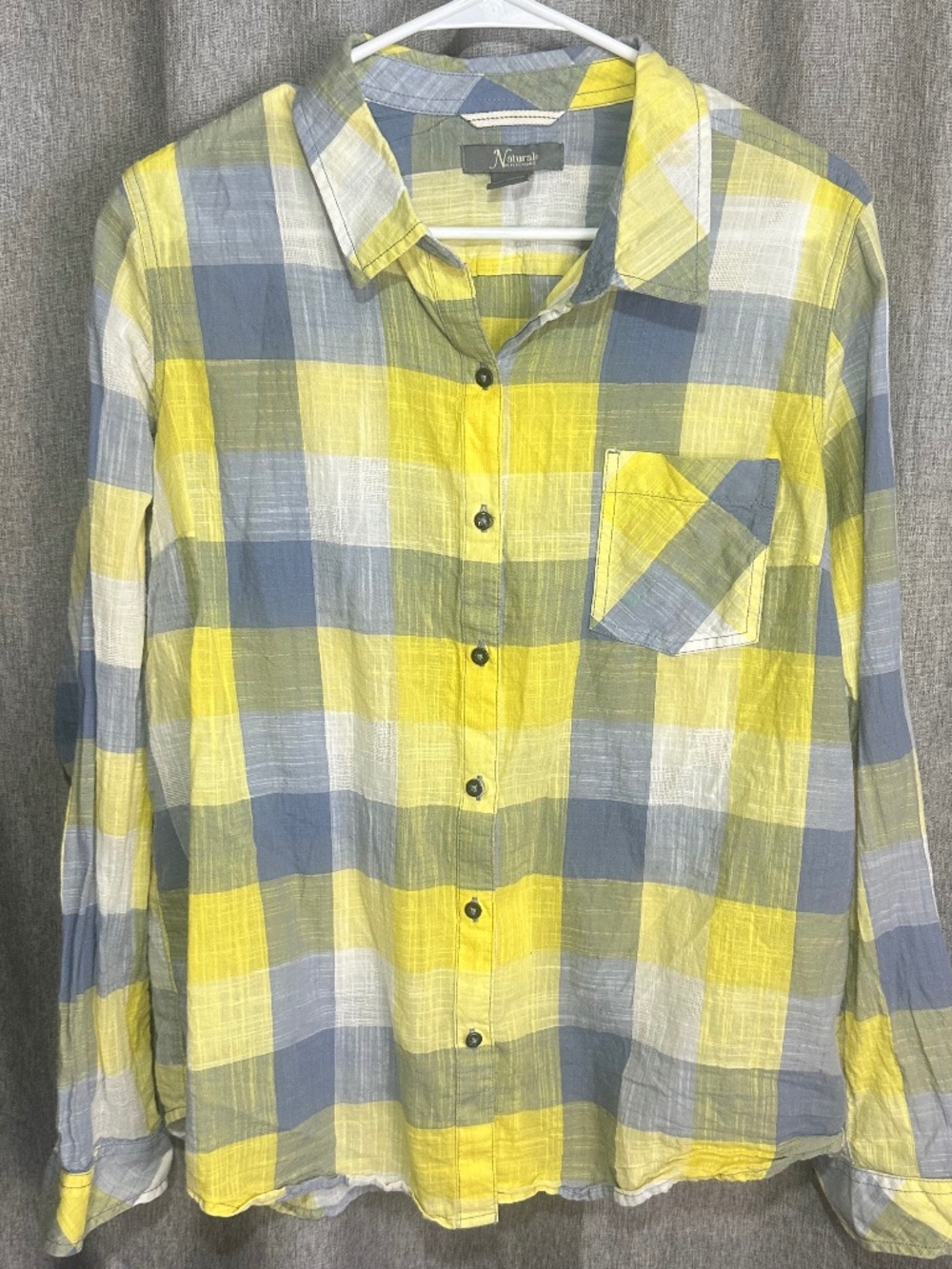 Natural Reflections Yellow Gray Plaid Flannel Button Down Shirt - Size Large